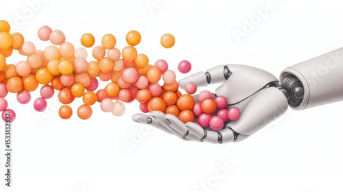A robotic hand releases a stream of colorful, translucent spheres in shades of orange, pink, and red against a white background.