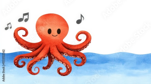 A cheerful red octopus joyfully dances underwater with musical notes floating nearby.