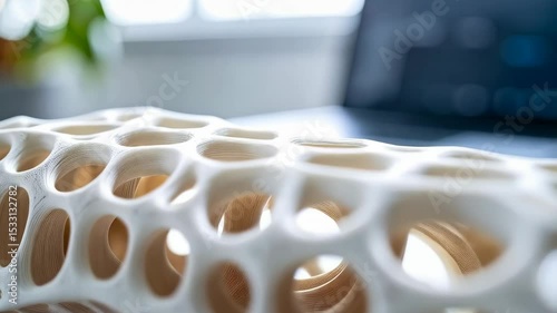 3D printed porous object with organic cell structure, white plastic material, desktop setting, modern design and advanced manufacturing process