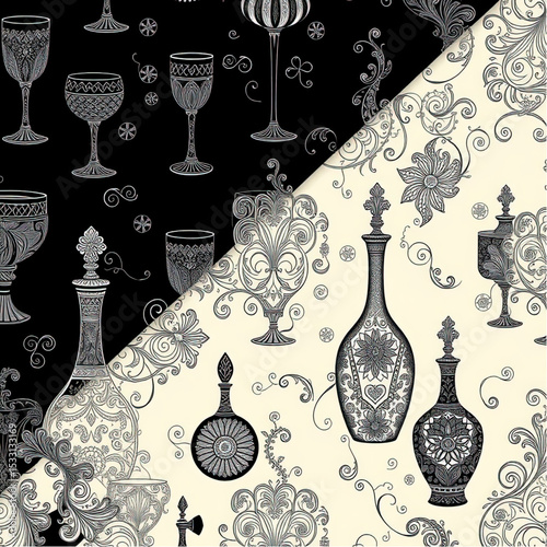 Black and white wrapping paper, vintage style, featuring classic crystal goblets, artistic bottles, backgound color split by diagonal_1.eps