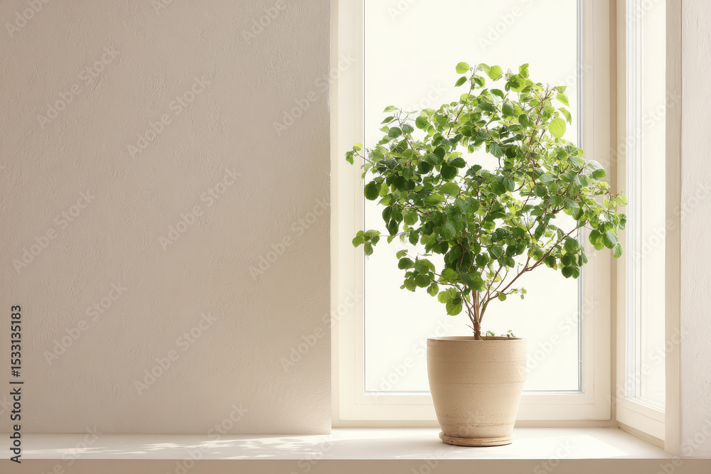 Fototapeta premium lush green plant in simple pot placed on bright windowsill bathed in warm sunlight
