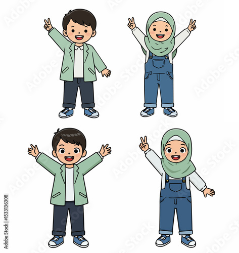 Happy Cartoon Kids Waving Peace Sign
