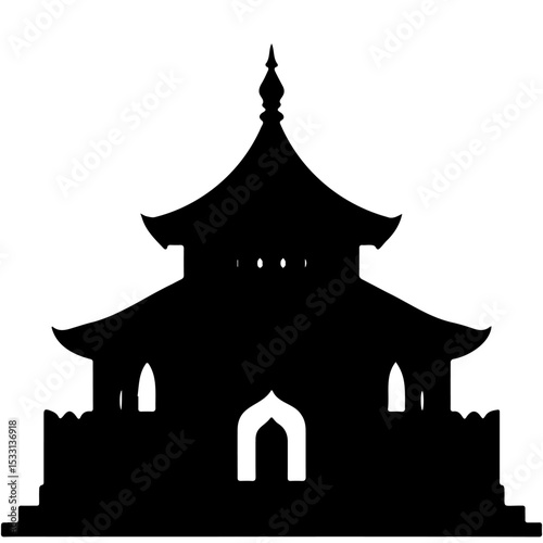 Silhouette of a Serene Temple: A striking silhouette of an Asian-style temple stands majestically, embodying peace and serenity. The architectural marvel exudes a sense of tranquility. 