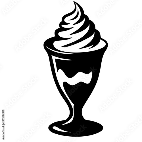 Classic Dessert Silhouette: An artistic black and white illustration of a creamy dessert, swirled elegantly in a stemmed glass, a tempting treat.