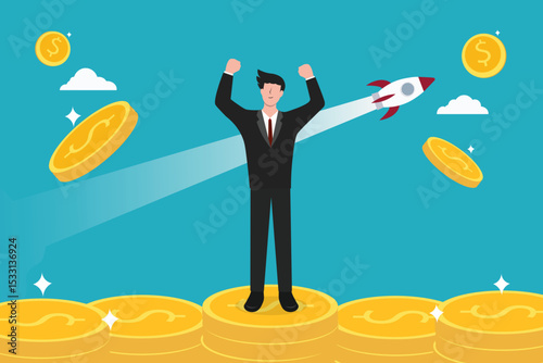 Successful businessman standing on coins with rising profit concept