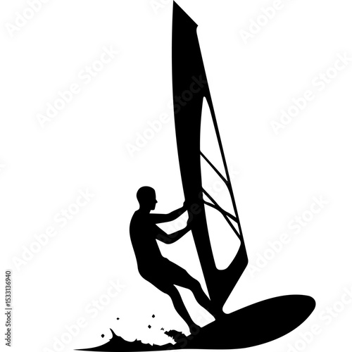 Silhouette of Windsurfing: Capturing the dynamism and grace of a windsurfer, the image focuses on the silhouette of a person expertly navigating the water with sail.