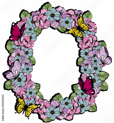 circle of flowers and butterflies