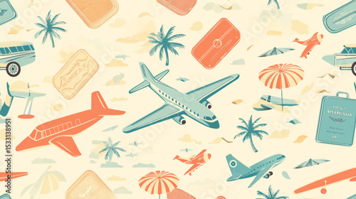 Seamless retro vector background with airplanes, luggage, and tropical travel elements for presentations