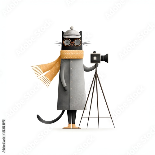 Christmas black cat photographer with retro camera on tripod, cute festive animal character in winter outfit illustration on white background