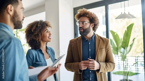 Team of young professionals stands together in a bright modern office, discussing business ideas. Casual and business outfits, teamwork, partnership, creativity, and diversity. Video for business