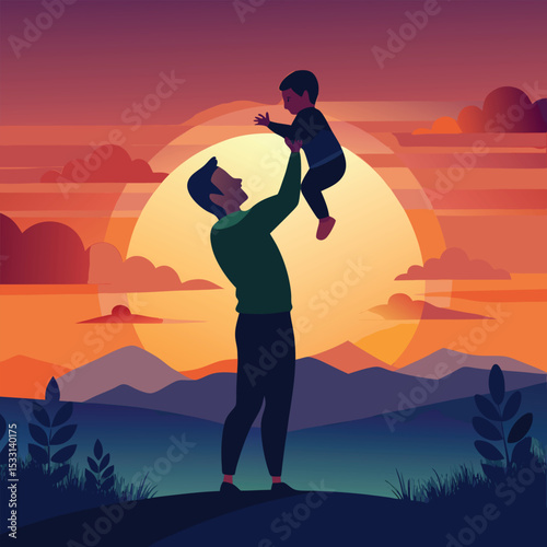 Father Lifting Son at Sunset – Joyful Father's Day Vector Illustration in Nature