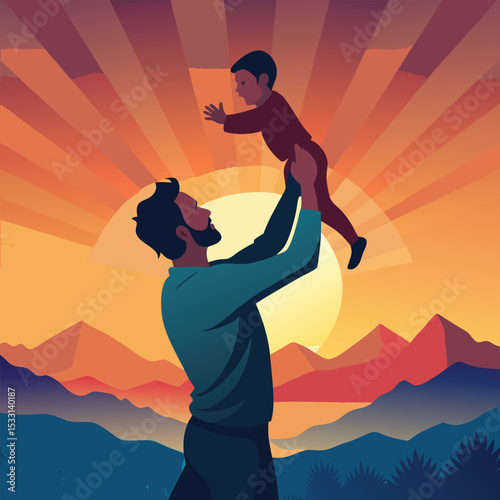 Father Lifting Son at Sunset – Joyful Father's Day Vector Illustration in Nature