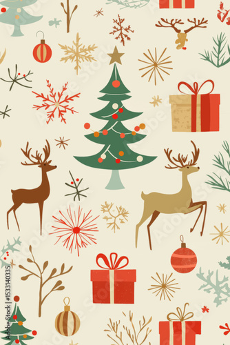 Whimsical seamless Christmas vector with trees, deer, and snowflakes for festive commercial backgrounds
