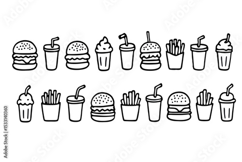 Doodle depicting fast food including hamburgers, fries and drinks for menu and website design