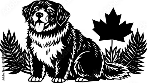 Newfoundland dog sitting happily with Canadian flag and leaves  