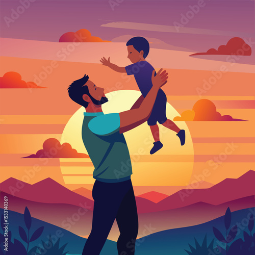 Father Lifting Son at Sunset – Joyful Father's Day Vector Illustration in Nature