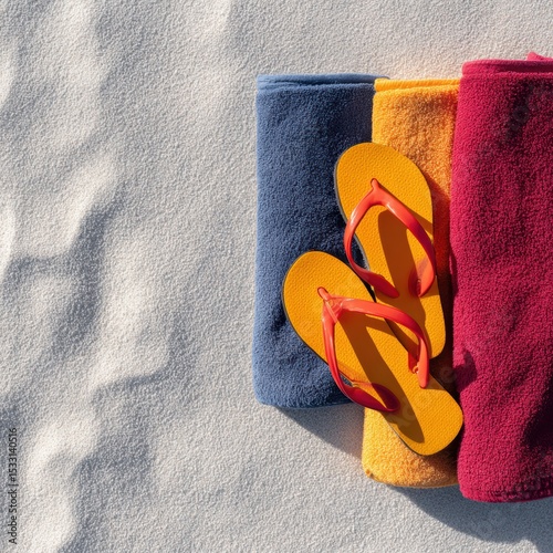 Brightly colored beach towels and stylish sunglasses arranged on sandy shore with smooth textures and soft shadows