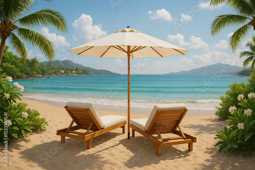 Wallpaper Mural Photo of two wooden lounge chairs sit on a sandy beach under a white umbrella, overlooking a calm turquoise ocean and lush tropical landscape Torontodigital.ca