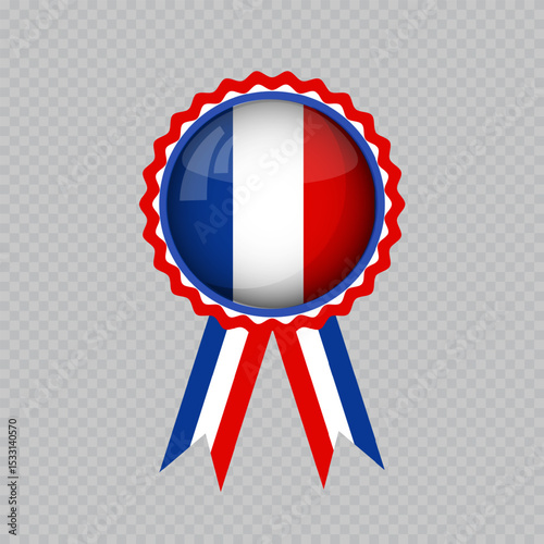 Glossy French flag rosette ribbon award on transparent background, red, white, blue tricolor medallion with hanging patriotic ribbons, for Bastille Day, quality seal, national celebration visuals.