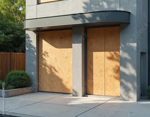 Boarded up store during economic downturn protest. Closed business facade with plywood, representing urban issues, recession impact, property damage potential crisis in downtown. Storefront