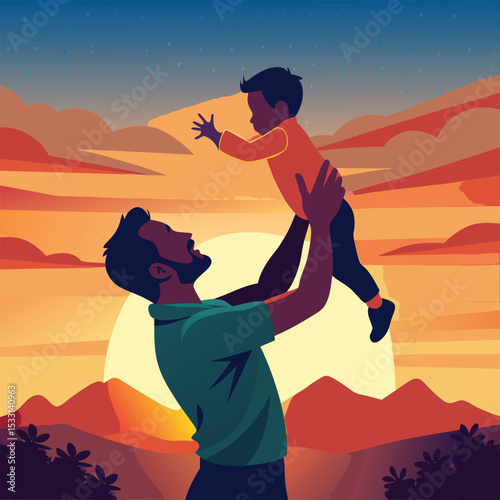 Father Lifting Son at Sunset – Joyful Father's Day Vector Illustration in Nature