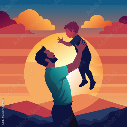 Father Lifting Son at Sunset – Joyful Father's Day Vector Illustration in Nature