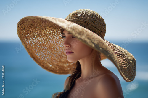 A girl with a big straw hat on the beach.