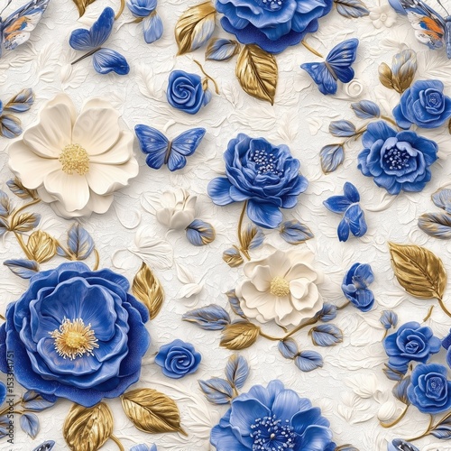 Stunning seamless 3D floral pattern featuring vibrant blue and white flowers with golden leaves and delicate butterflies on a textured white background.