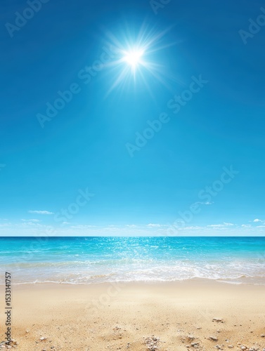 Bright midday sun shining over a tranquil beach with clear blue sky and gentle ocean waves