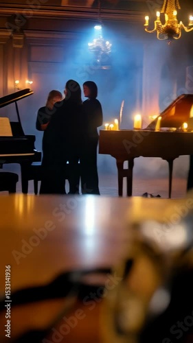 Elegant black and gold masquerade mask on wooden table in a dimly lit room, with chandeliers and indistinct figures in the background.