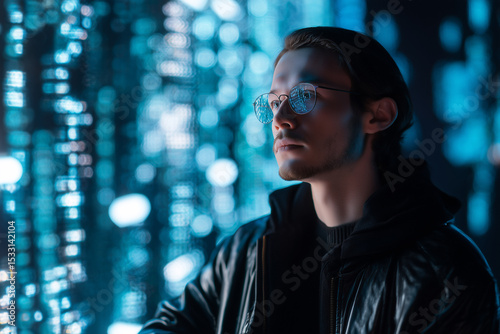 A man in the background of the code. Programming. Concept: artificial intelligence, technology.