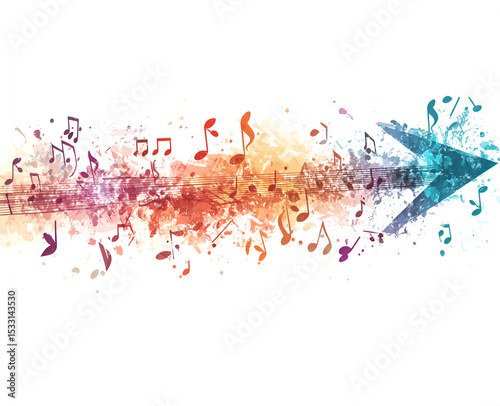 Colorful Music Notes and Paint Splashes Forming a Forward Arrow on White Background, Abstract Sound and Creativity Concept for Artistic and Entertainment Use