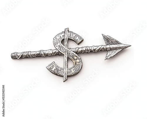 Monochrome Engraved Arrow Piercing Through Dollar Sign, Minimal Financial Concept Illustration Representing Market Pressure, Capital Flow, and Strategic Targeting