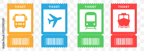 Travel tickets. Tickets for bus, plane, train, and boat with distinct icons and barcodes displayed. Vector illustrations
