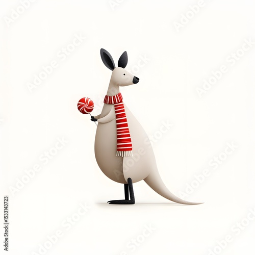 Christmas kangaroo holding red lollipop candy in striped scarf, cute festive holiday animal illustration on white background
