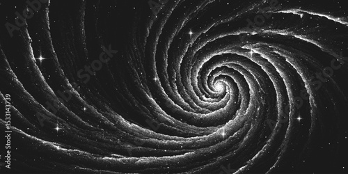 Deep space scene background in stippling style with amazing huge spiral nebula in universe. Great Attractor. Retro styled dotwork. Pointillism. Noisy grainy shading using dots. Vector illustration