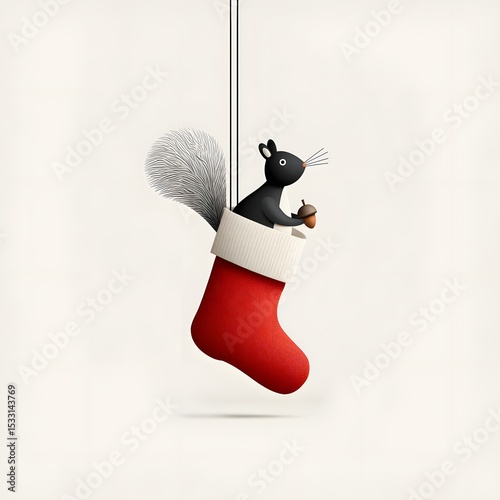 Minimalist Christmas illustration of a black squirrel sitting in a red holiday stocking and holding an acorn, festive animal clipart isolated on white background