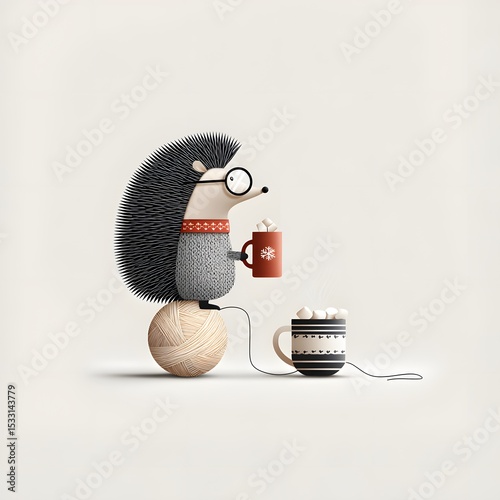 Cute cartoon hedgehog in glasses with winter scarf and hot cocoa with marshmallows, cozy Christmas animal clipart on white background