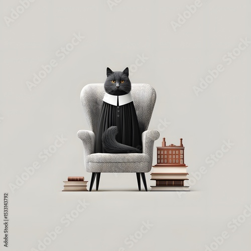Anthropomorphic black cat dressed as female lawyer sitting in textured armchair, with stacked books and courthouse model, courtroom character illustration