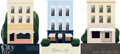 poster set Illustration of urban street with bookstore, ice cream cafe, restaurant shop, cafe. Ideal for websites, blog headers, social media, and editorial use. 