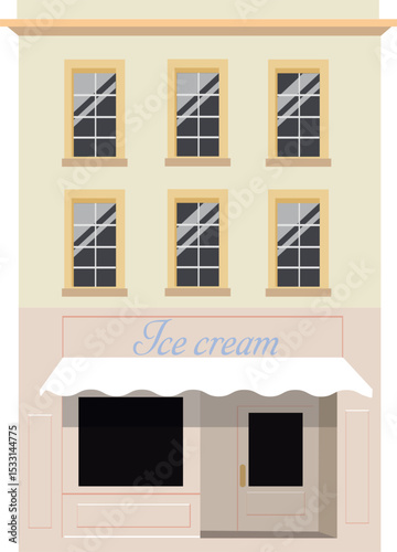 modern building facade with ice cream cafe on the first floor isolated on white