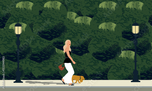 Stylish woman walking with a dog in park vector illustration