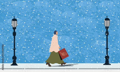 Muslim woman in hijab walking with shopping bag on snowy city street. Winter urban scene with cozy atmosphere.