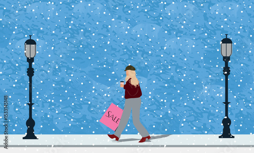 Young woman walking with shopping bag on snowy city street. Winter urban scene with cozy atmosphere.