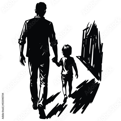 Silhouette of Elderly Person Walking with Child Holding Hands