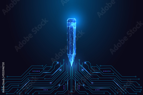 AI writing and generative art concept with glowing polygonal pencil and circuit board, vector illustration