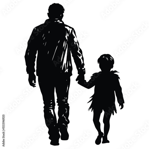 Silhouette of Elderly Person Walking with Child Holding Hands