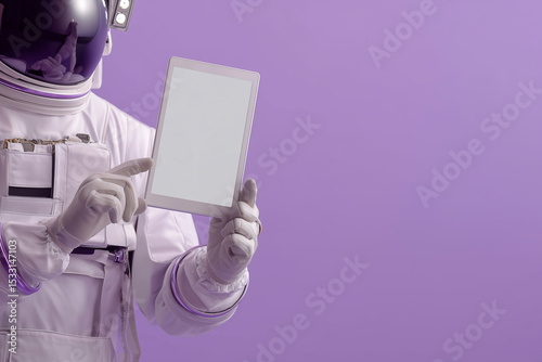 Astronaut with tablet in with space for text. Astronaut with a tablet for text. Man with a tablet for text.
