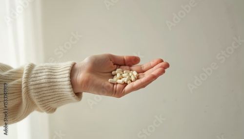 Hand holding vitamins, capsules against white background. Health supplements, dietary product concept, illustrates trust, well-being, organized health support, perfect vitamin choice for daily use,