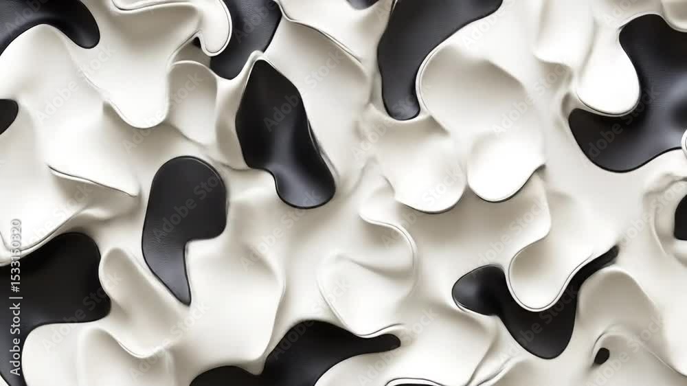 Abstract pattern of flowing, organic shapes in white and black.  Intertwined, textured forms create a dynamic visual effect